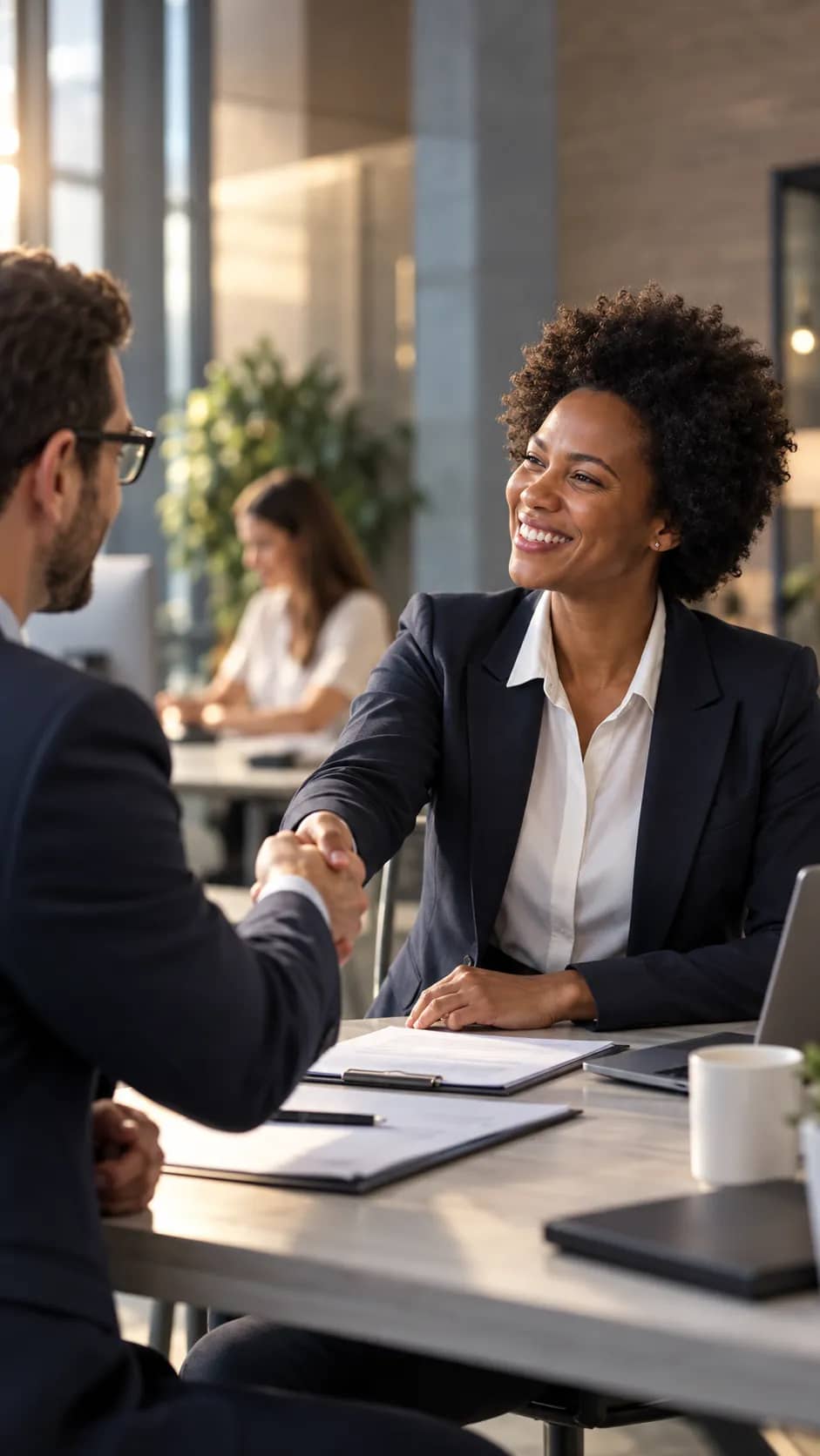 A lawyer shaking hands with a client across a desk with papers, a laptop and a coffee cup
