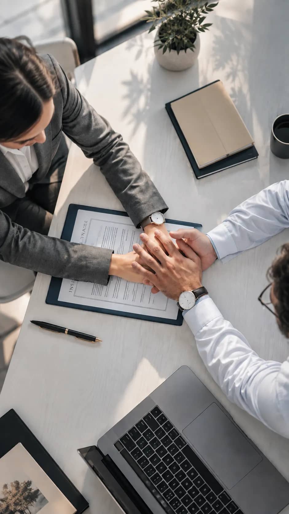 Two people with hands joined over a policy document on a desk, seen from above