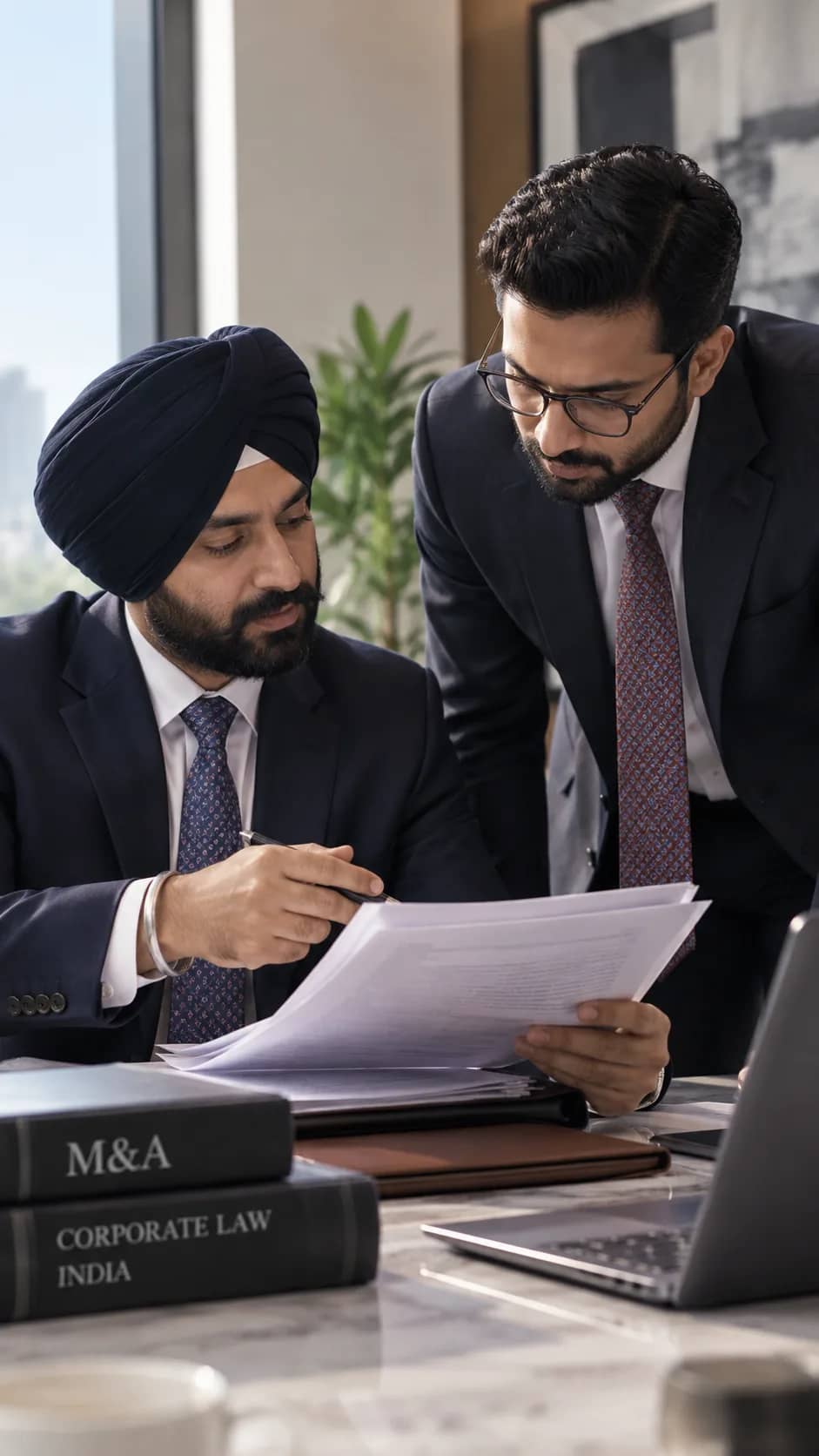 Two transaction lawyers reviewing deal documents