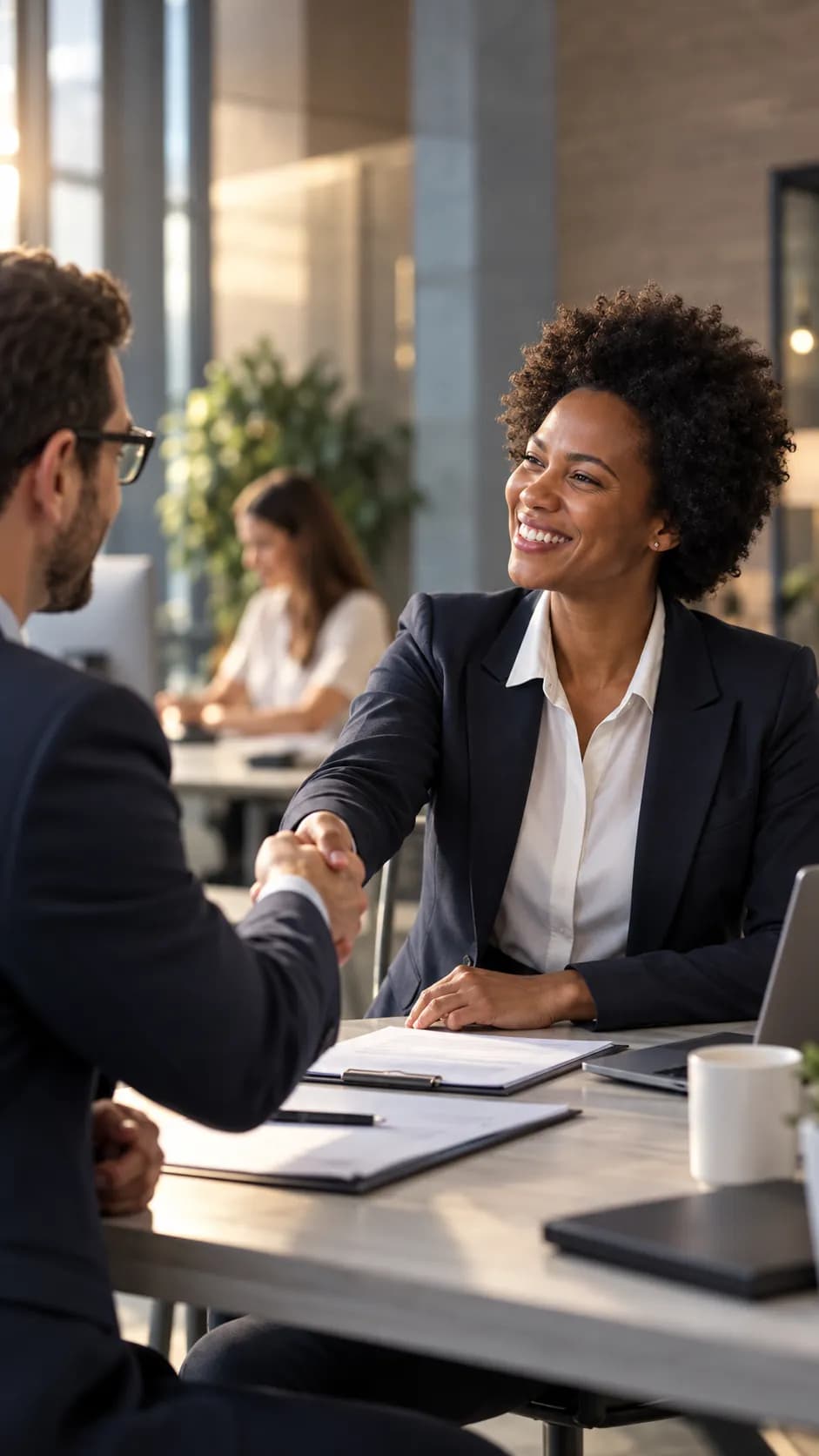 A lawyer shaking hands with a client across a desk with papers, a laptop and a coffee cup