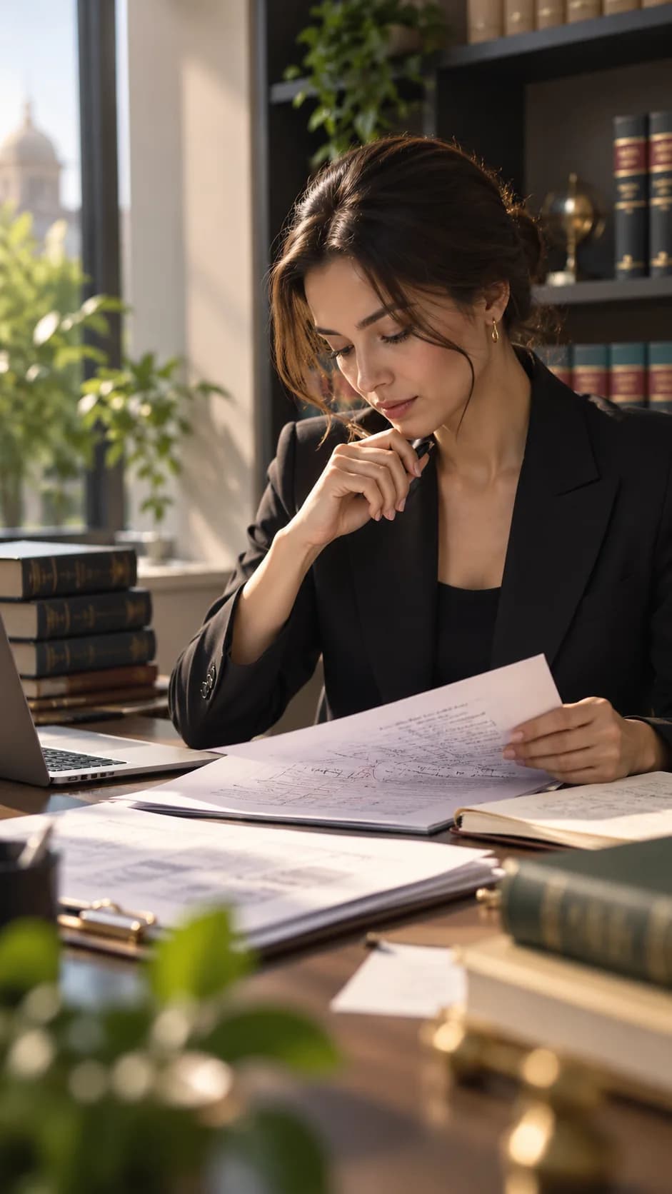 A lawyer reviewing a printed filing at a desk beside stacked law reports