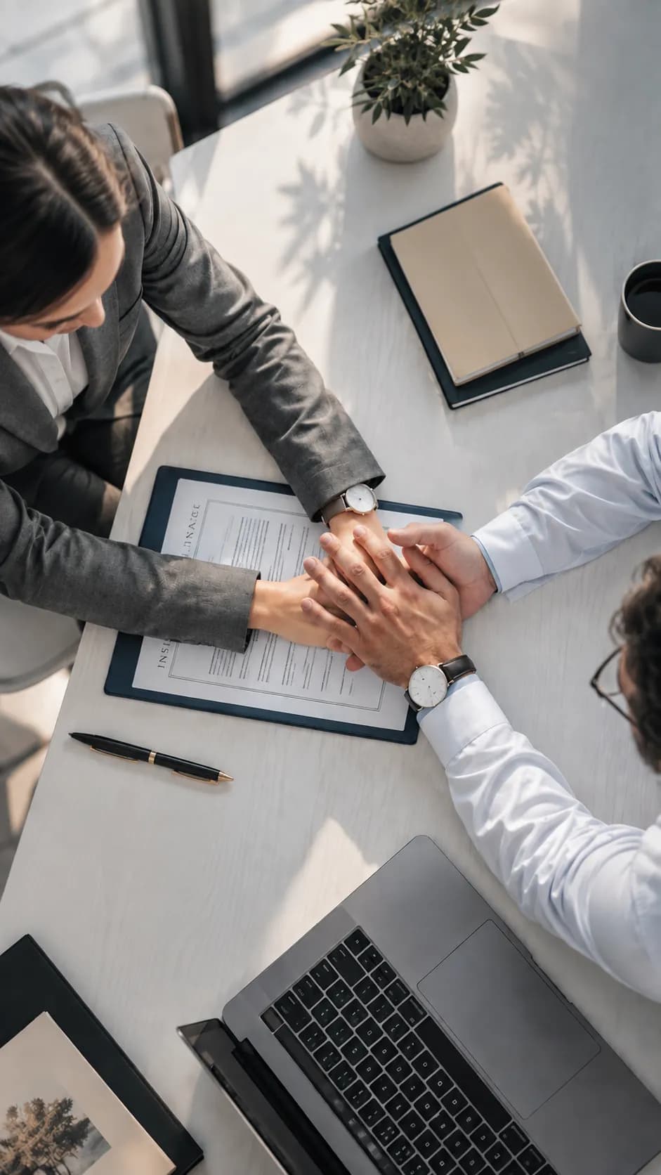 Two people with hands joined over a policy document on a desk, seen from above